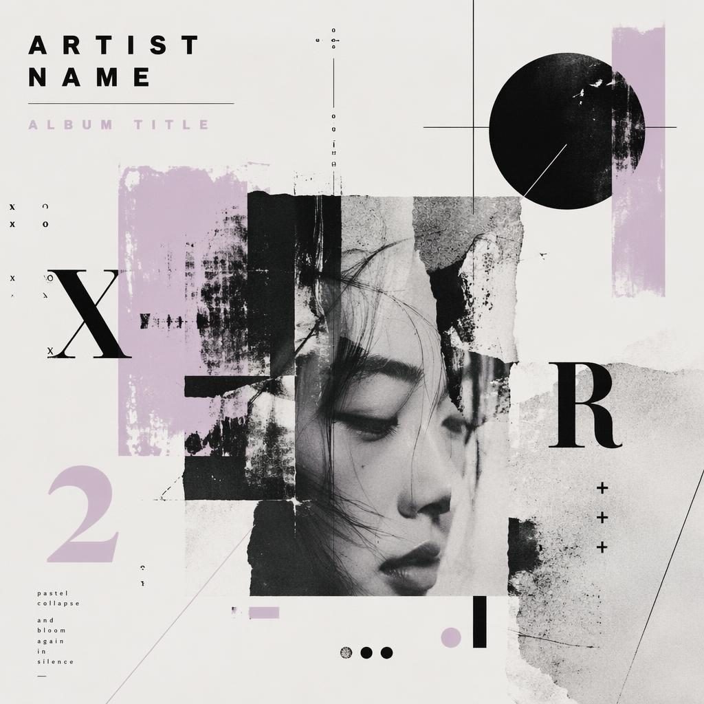 Square album cover with pastel collage shapes, stark monochrome geometry, clean title placeholder, and calm metal mood