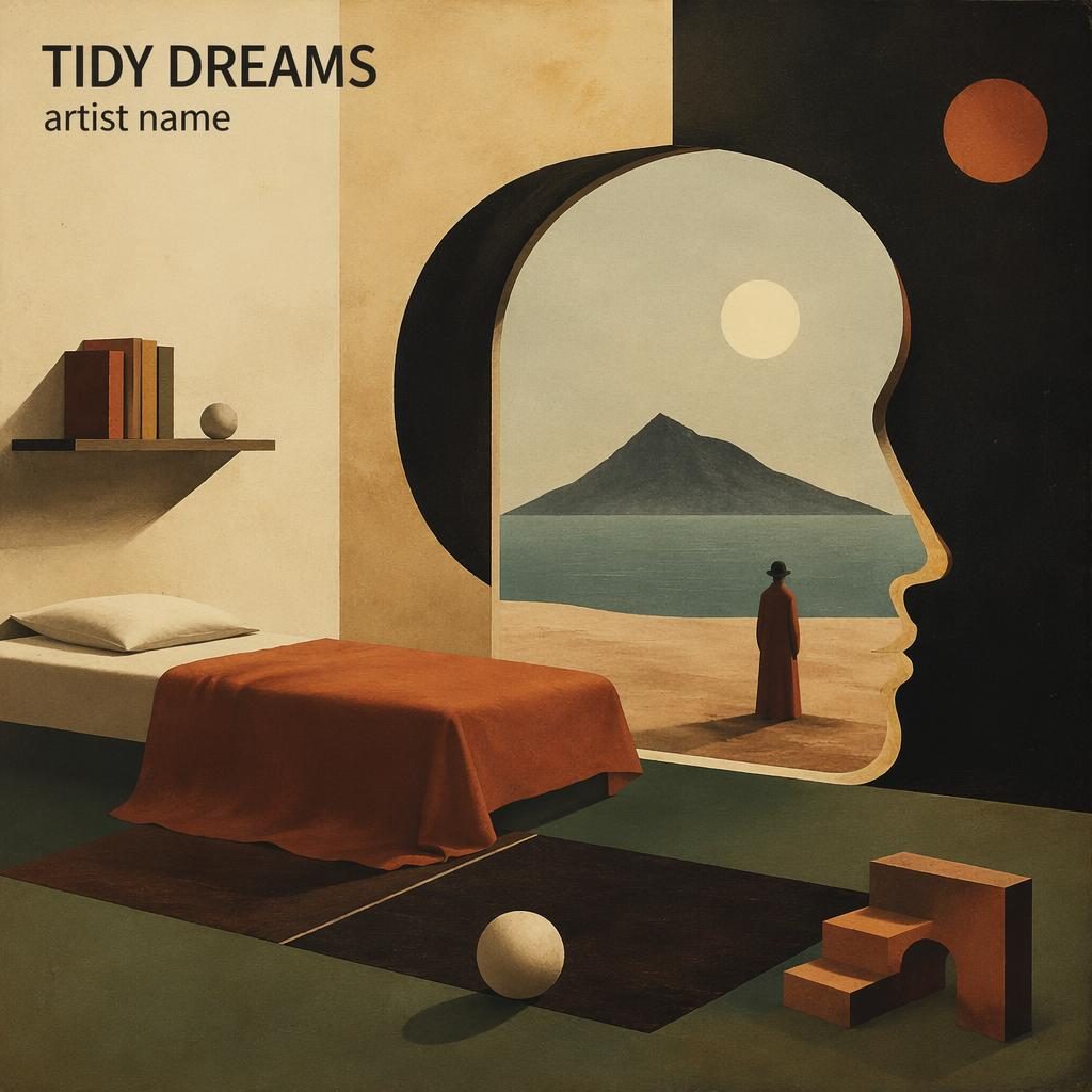 Square illustrated abstract album cover in earth and rust tones with playful surreal shapes and clean title placeholder text.