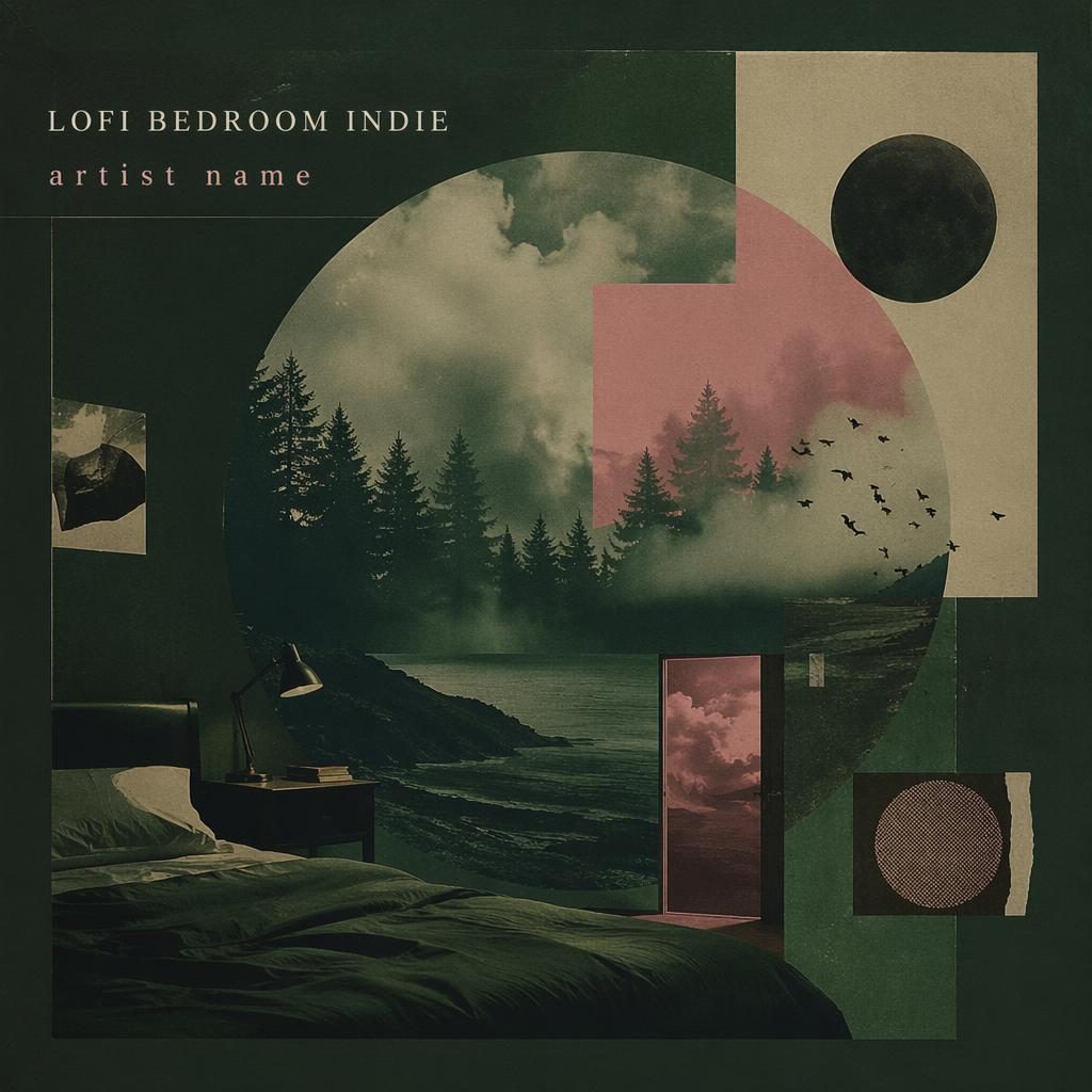 Square album cover with dark forest green collage art, atmospheric indie bedroom mood, and clean title placeholder text