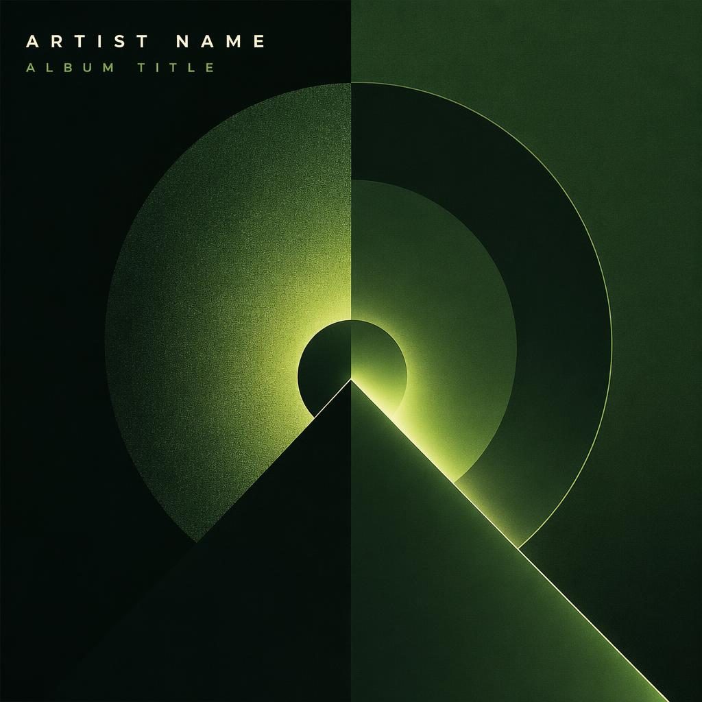 Square album cover with dark forest green geometric glow shapes, minimalist punk design, calm meditative mood, clean text layout
