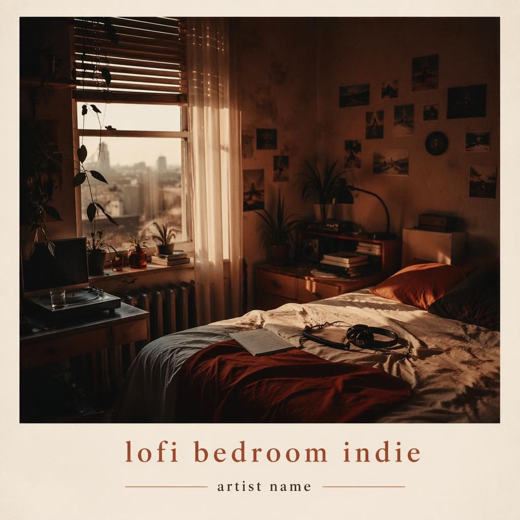 Quadratisches Albumcover mit moody Schlafzimmer-Szene in warmen Braun- und Rosttönen, fotografisch und nostalgisch.