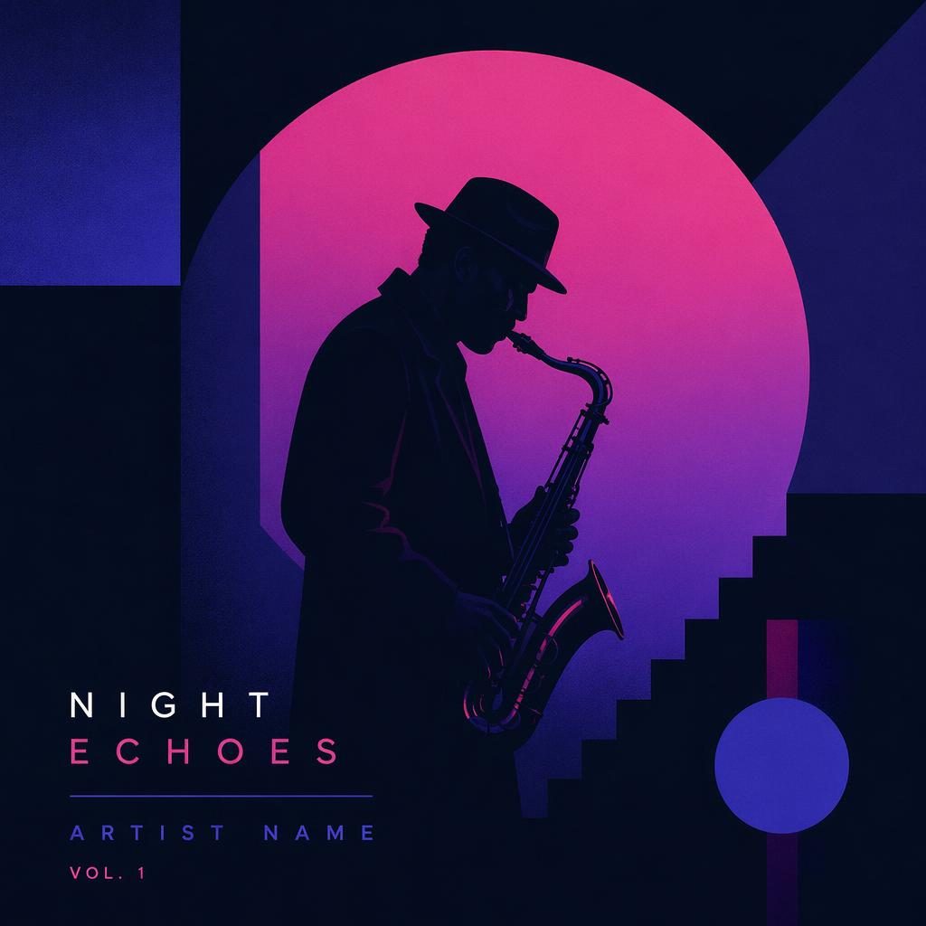 Minimalist square album cover with geometric saxophone, neon vaporwave colors, calm jazz noir mood, clean text layout