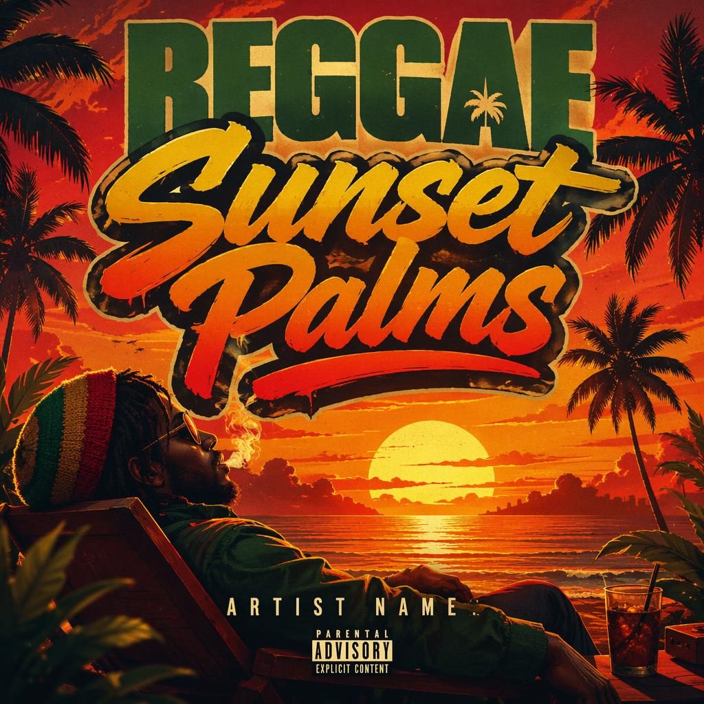 Square album cover with silhouetted palm trees at sunset, warm orange sky, dreamy hip-hop mood and clean title text