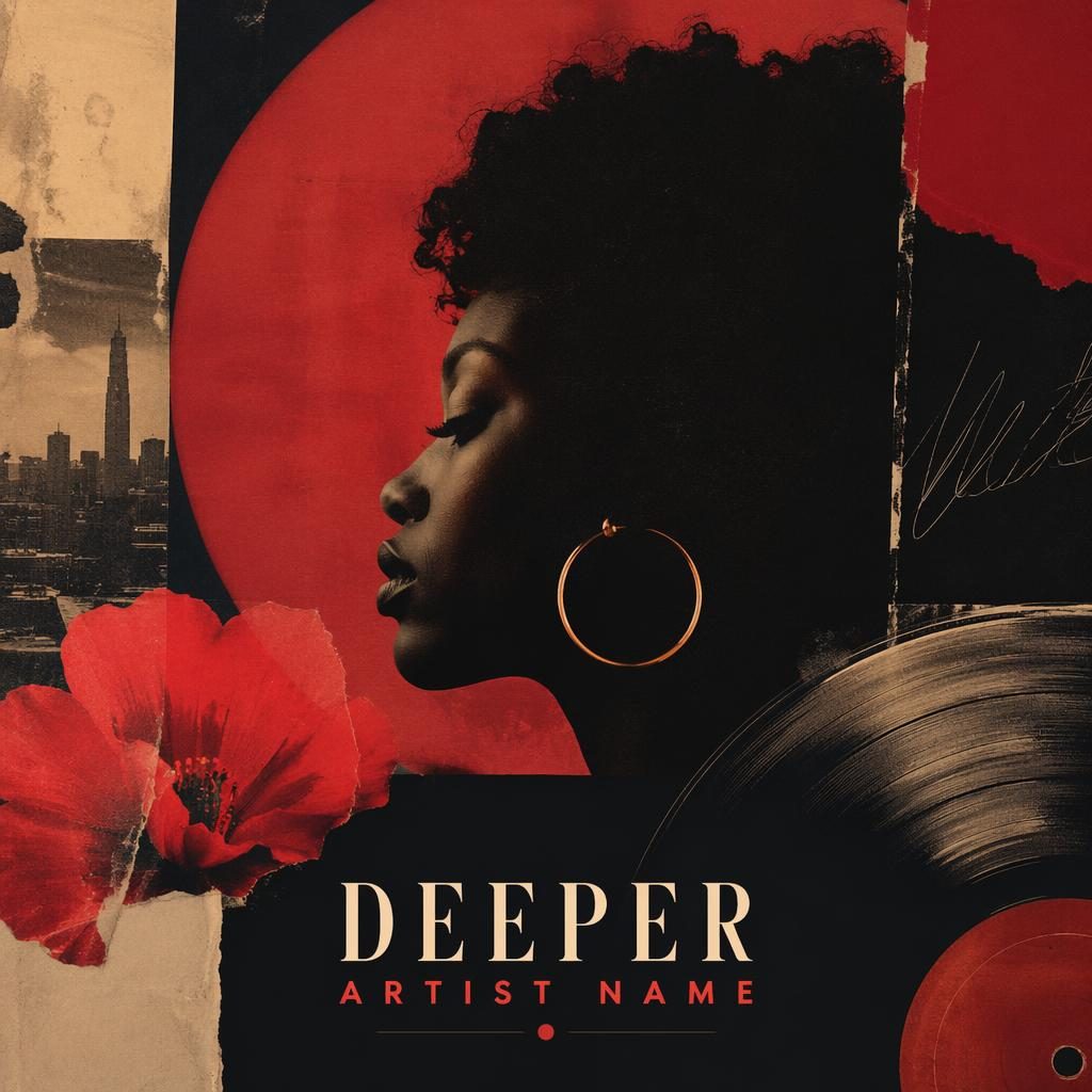 Square album cover with a black and red collage, warm vinyl-inspired tones, atmospheric mood, and clean title placeholder