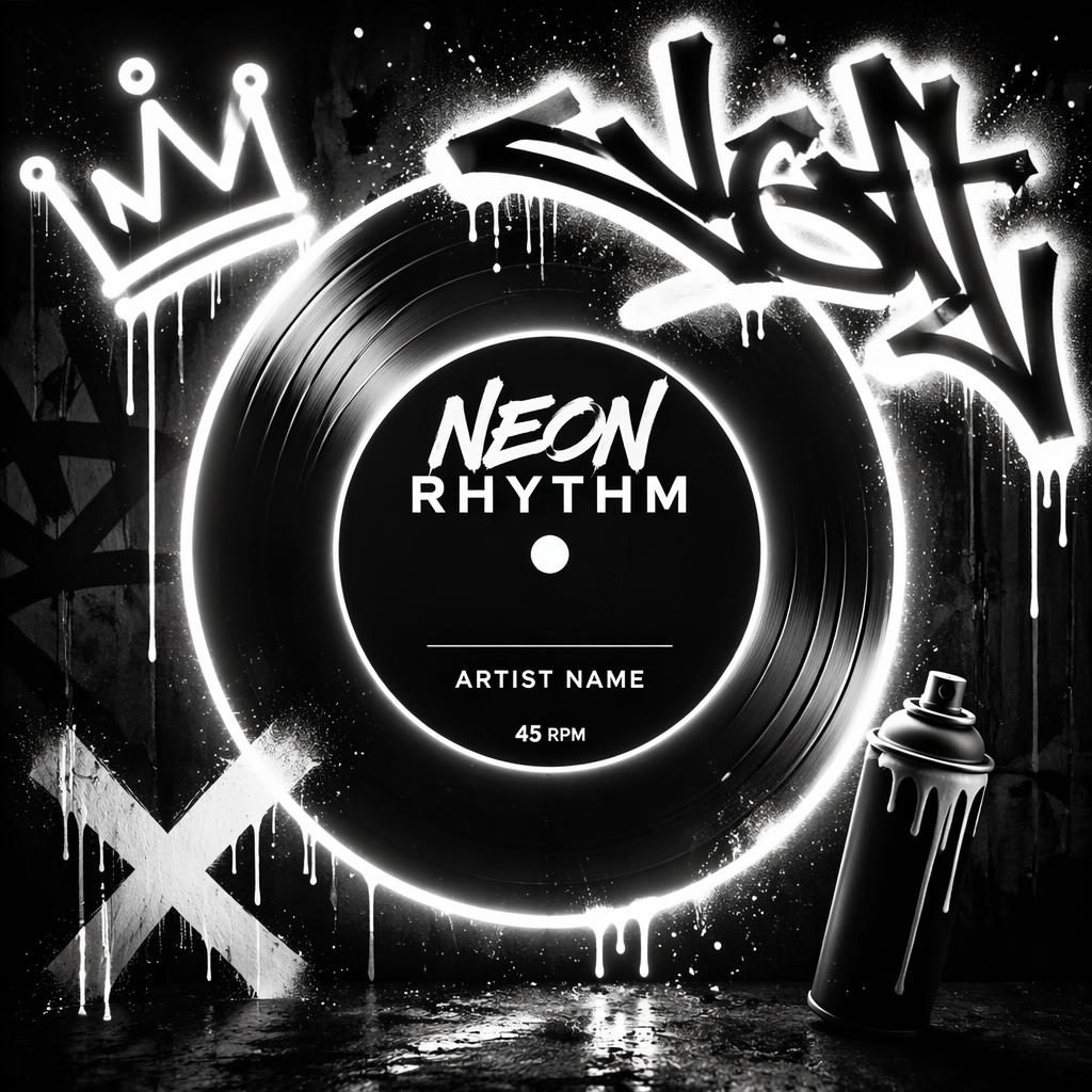 Pochette carrée style 45 tours avec graffiti néon hip-hop, ambiance EDM, contraste noir et blanc et texte factice.
