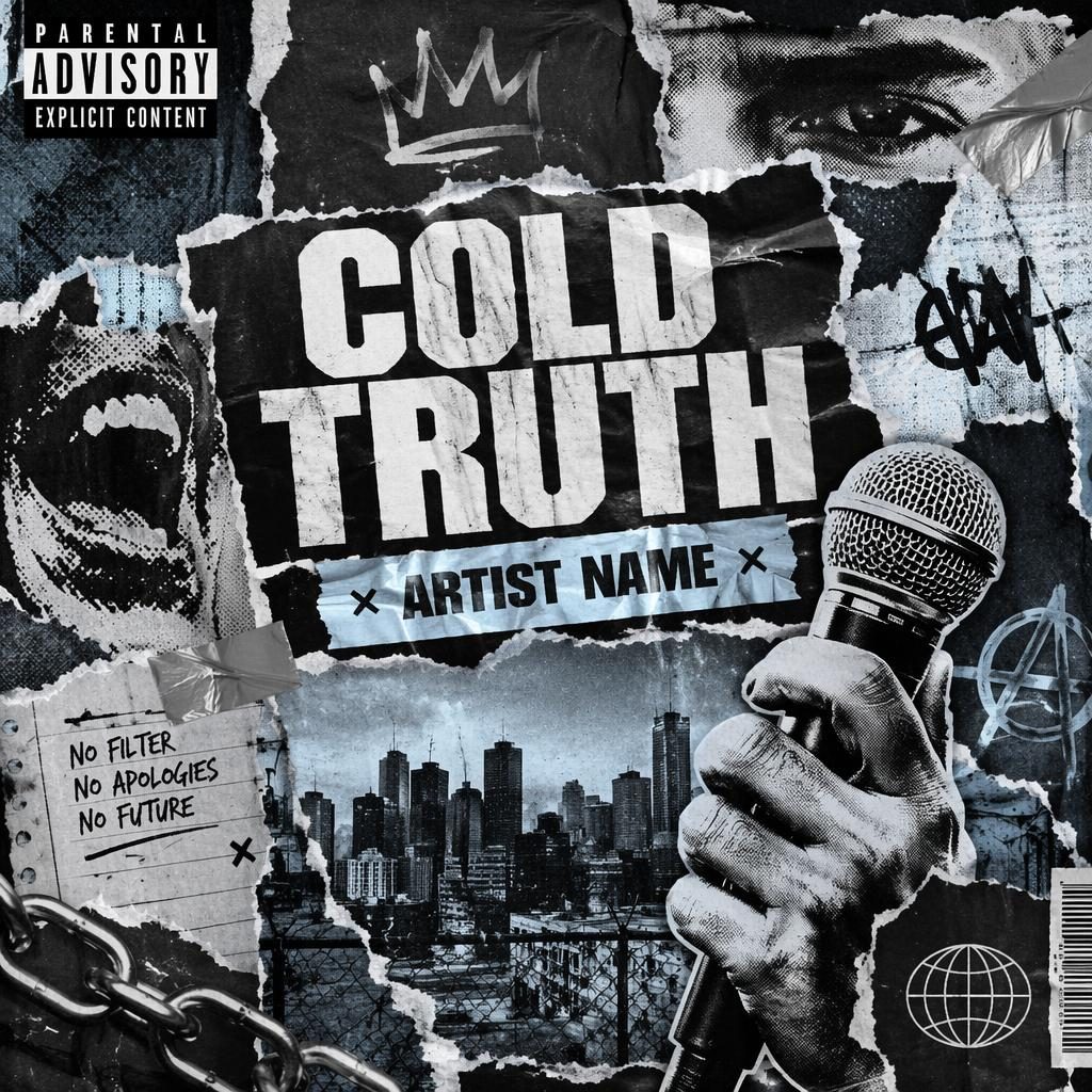 Square album cover with a punk rock zine collage style, silver and ice blue palette, aggressive hip-hop mood, and clean placeholder text.