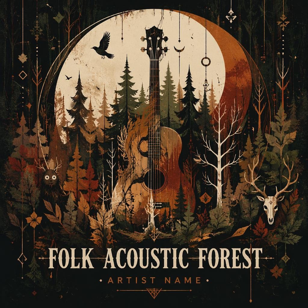 Pochette carrée illustrée abstraite, ambiance folk metal en forêt, palette terre et rouille, texte titre et artiste épuré