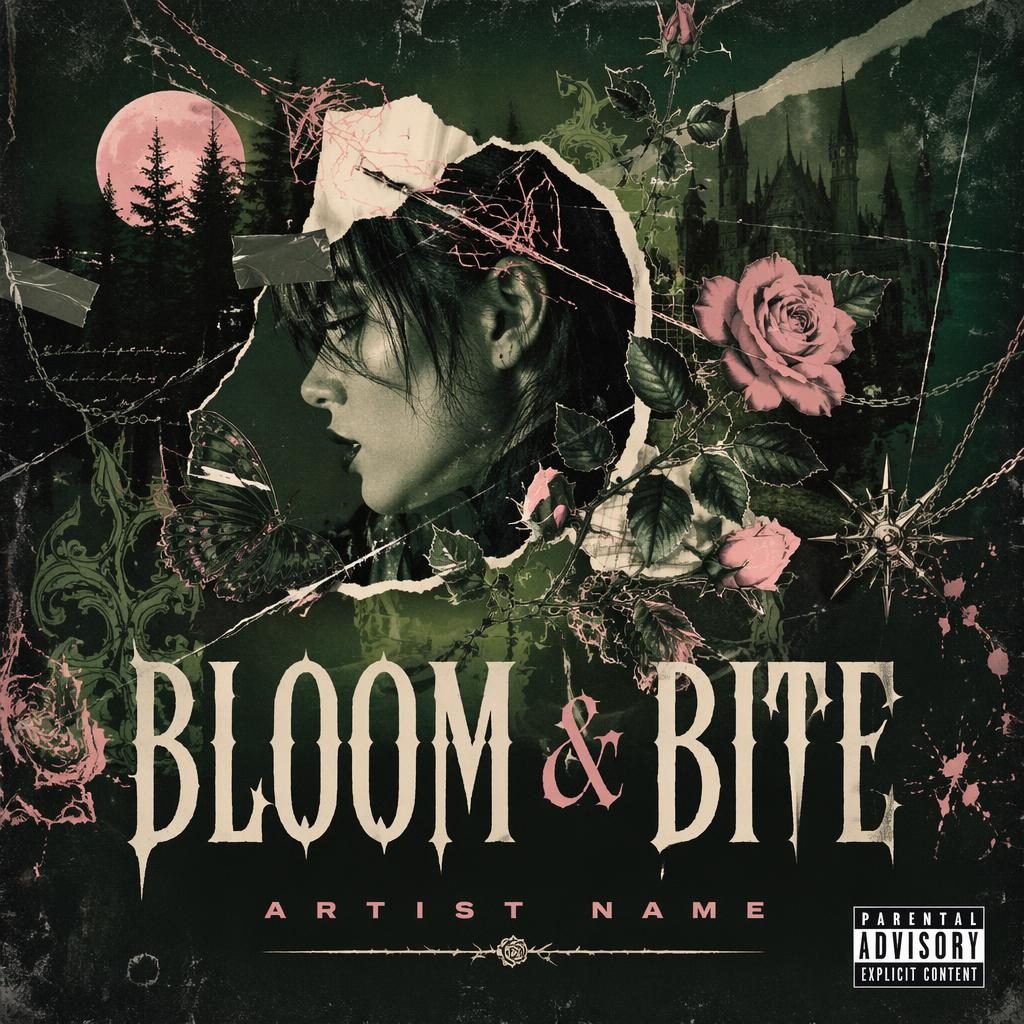 Square album cover with pastel collage elements, dark forest green tones, aggressive metal mood, and clean title text.