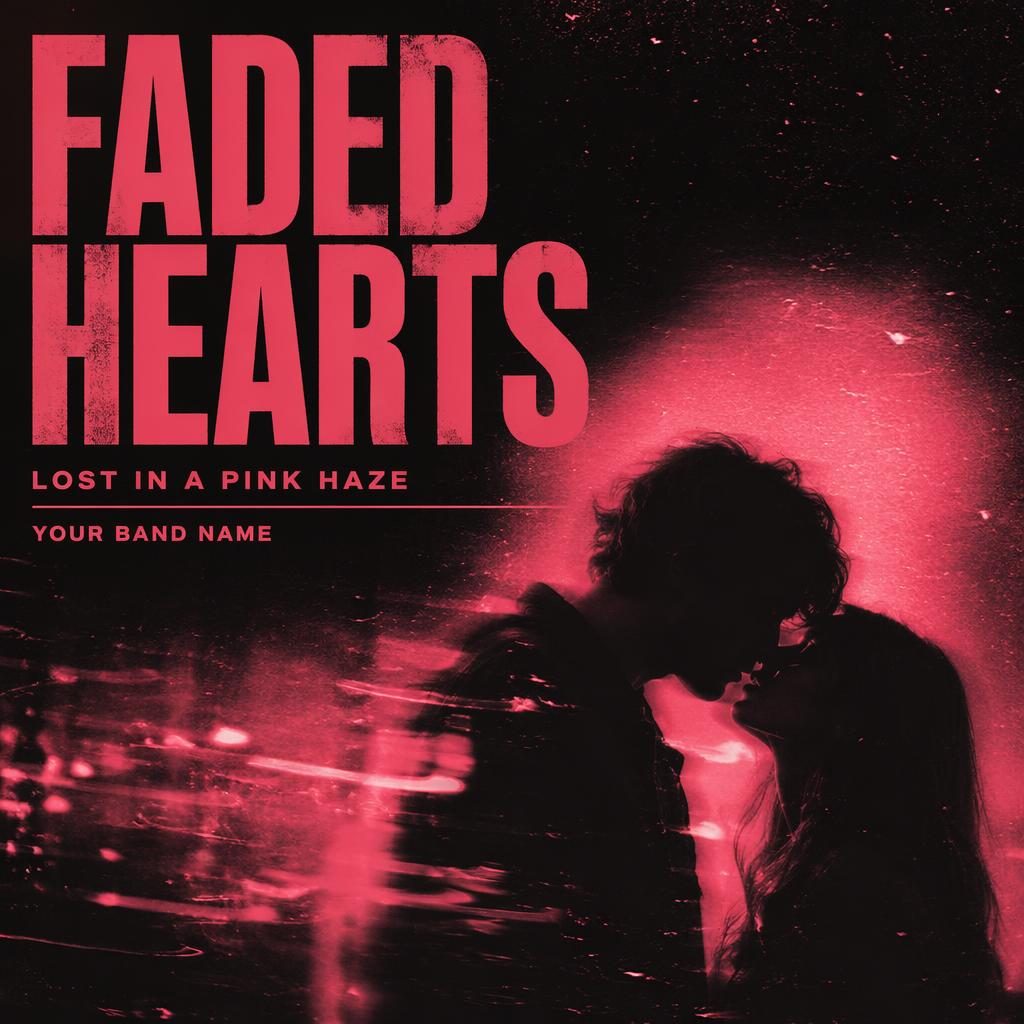 Square album cover with pink film grain, black and red palette, dreamy punk mood, and clean placeholder title text.