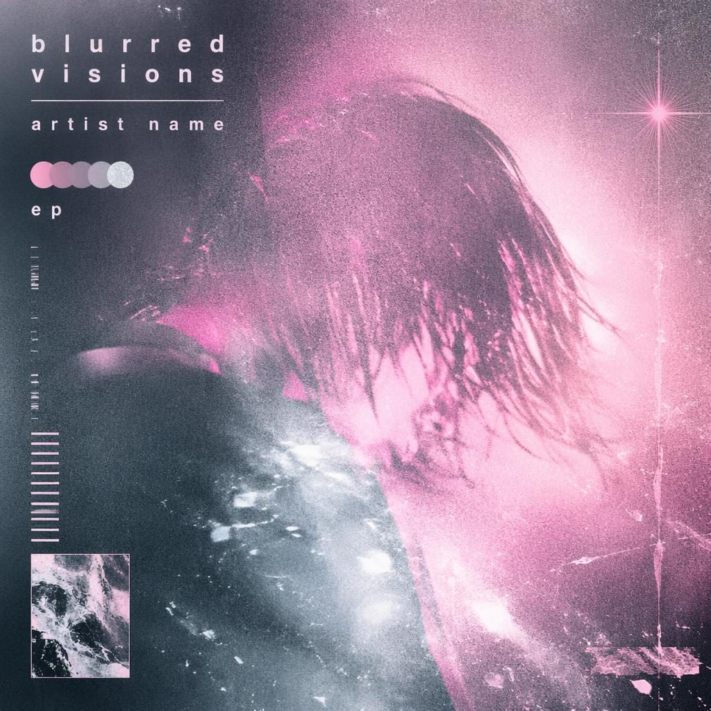Square album cover with shoegaze pink film grain, silver and ice tones, intense ambient mood, and clean placeholder text.