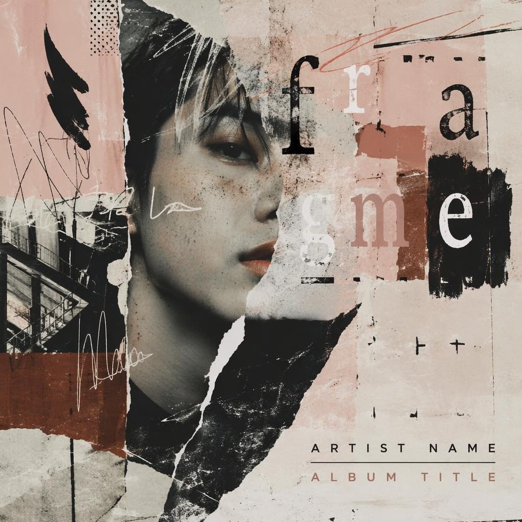 Square album cover with pastel collage layers, punk mixed media textures, earth and rust tones, and clean title text layout