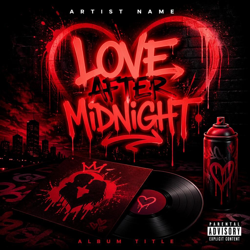 Square hip-hop album cover with neon graffiti style, black and red palette, dreamy romantic mood, clean title text.