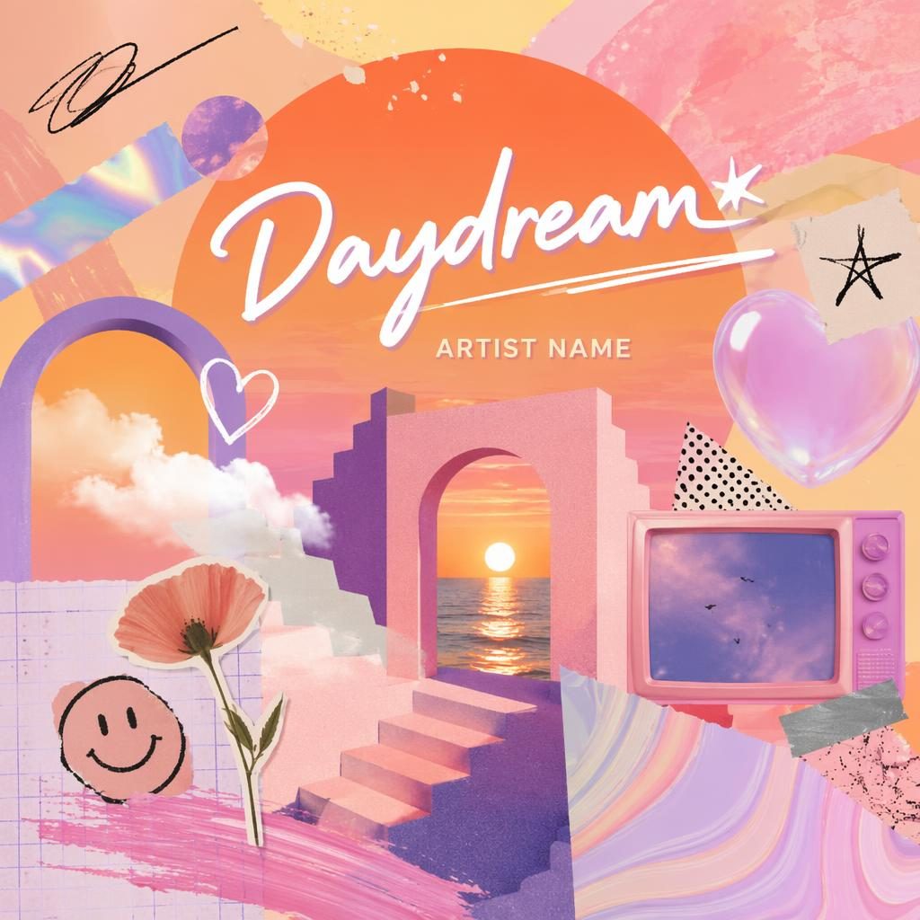 Square K-pop album cover with pastel collage shapes, warm sunset tones, playful abstract illustration, and clean placeholder text.