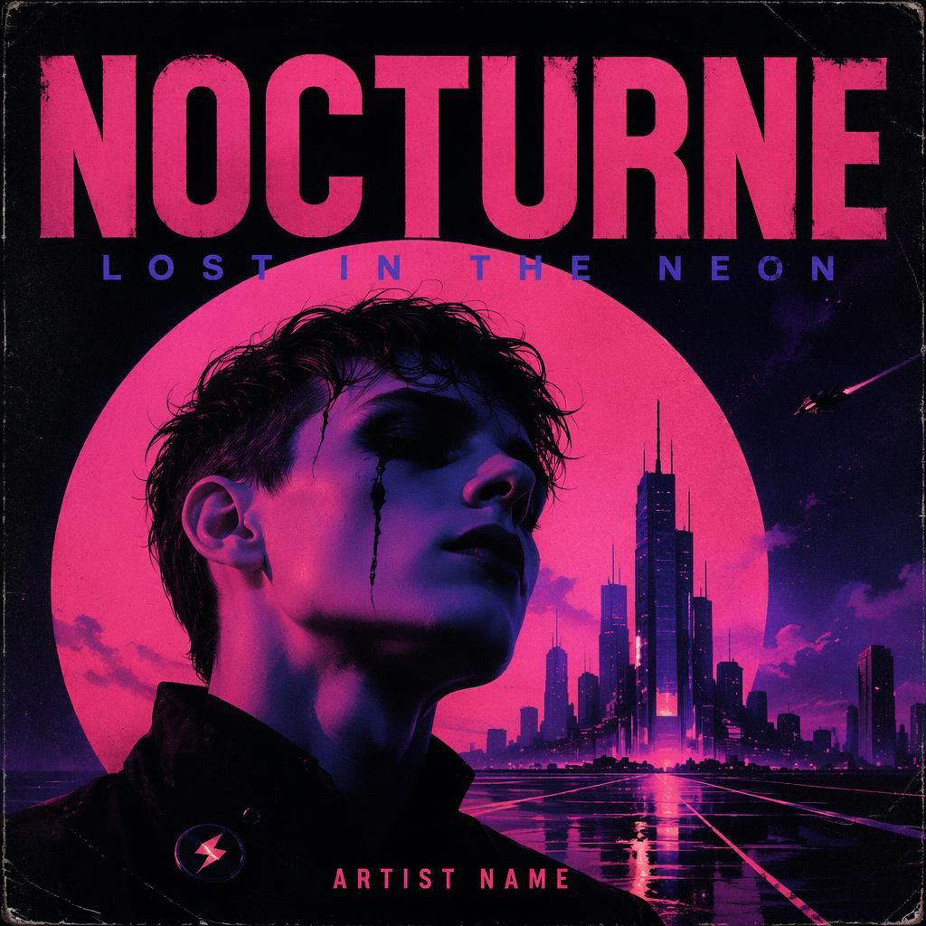 Pochette carrée darkwave synth rétrofuturiste, palette néon vaporwave, ambiance romantique punk et typographie centrale