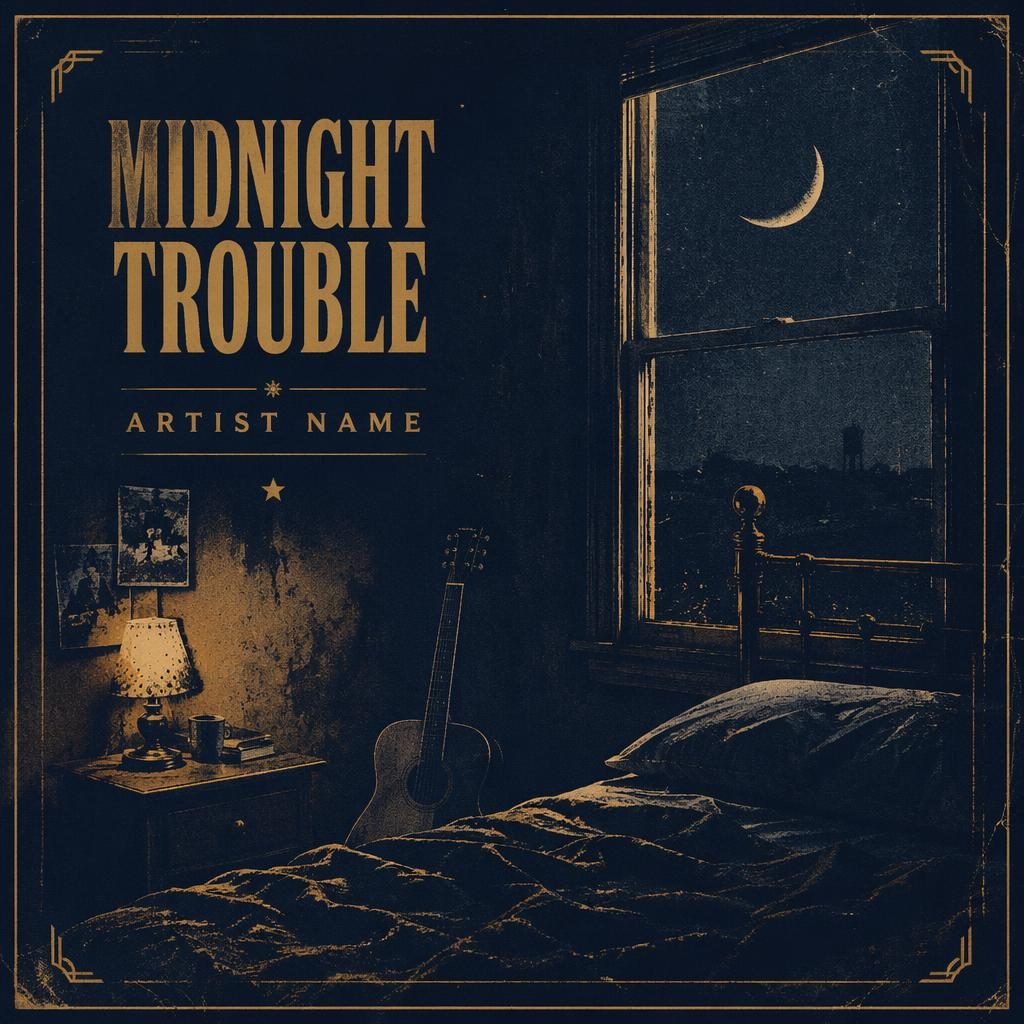 Square album cover with a lofi bedroom indie country scene in midnight blue and gold, vintage retro styling, intense mood.