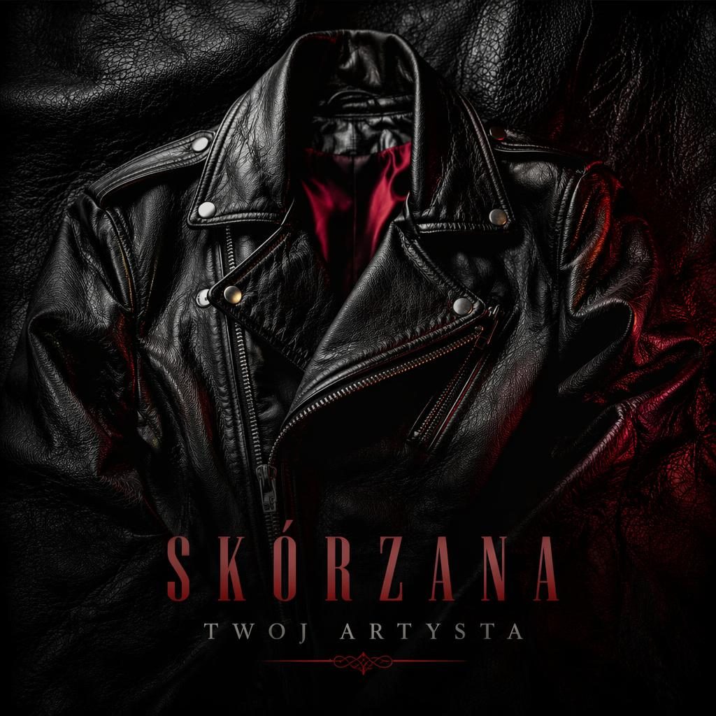 Czarna skórzana kurtka na tle fakturowanej skóry, czerwone akcenty i miejsce na tytuł oraz nazwę artysty.
