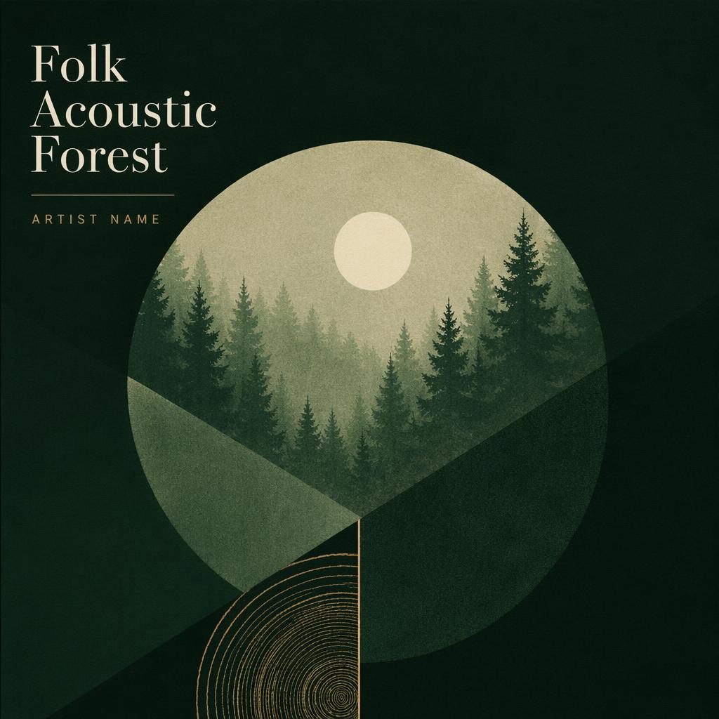 Jaquette disque carrée minimaliste en vert forêt sombre, formes géométriques, ambiance méditative, style folk acoustique