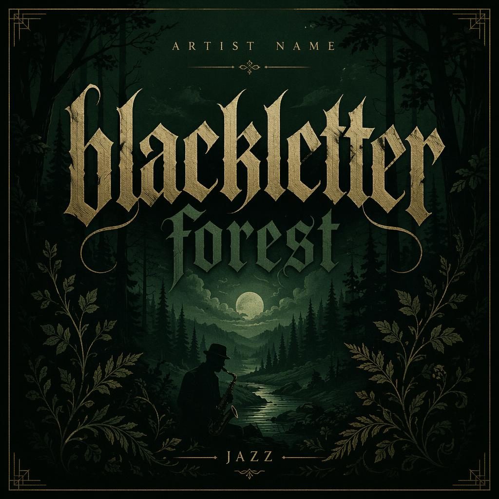 Square album cover with blackletter-inspired forest artwork, dark green dreamy palette, and clean title placeholder text.