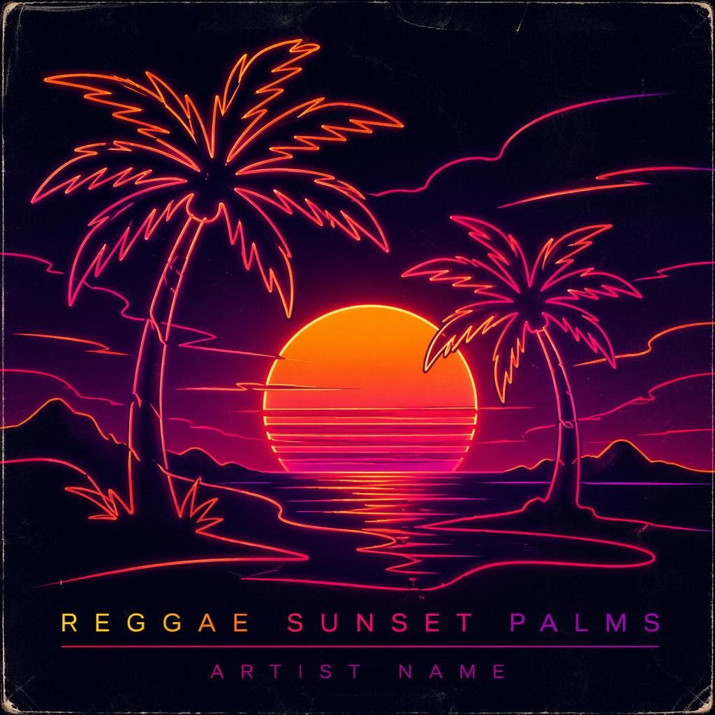 Square album cover with sunset palms, neon vaporwave colors, intense retro EDM mood, and clean artist-title placeholder text