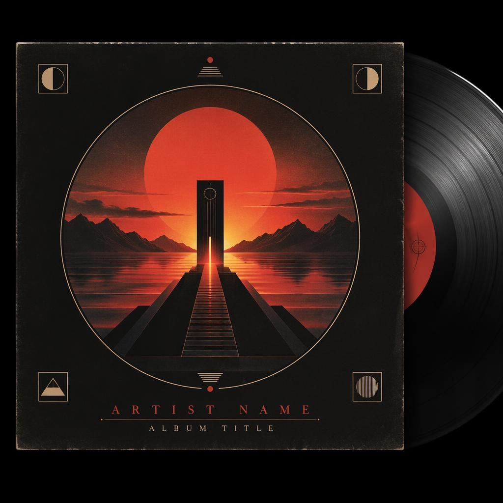 Square minimalist album cover with geometric darkwave synth artwork, warm sunset tones, clean placeholder title text, retrofuturist mood.