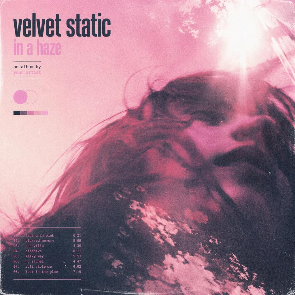 Square shoegaze album cover with pink film grain, dreamy pastel haze, intense vintage retro mood, and clean title text.