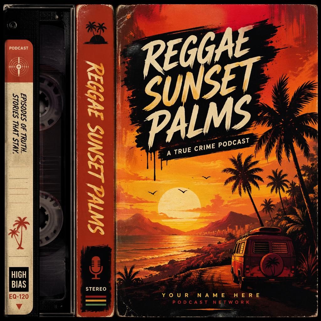 Square painterly cover art with sunset palm trees, warm orange sky, bold true-crime podcast mood, and clean placeholder text.