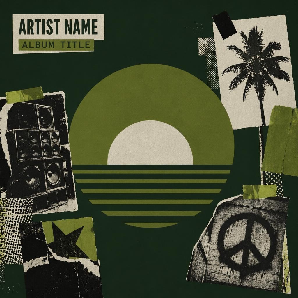 Square album cover with punk zine collage shapes, dark forest green palette, minimalist geometric layout, and clean placeholder text.