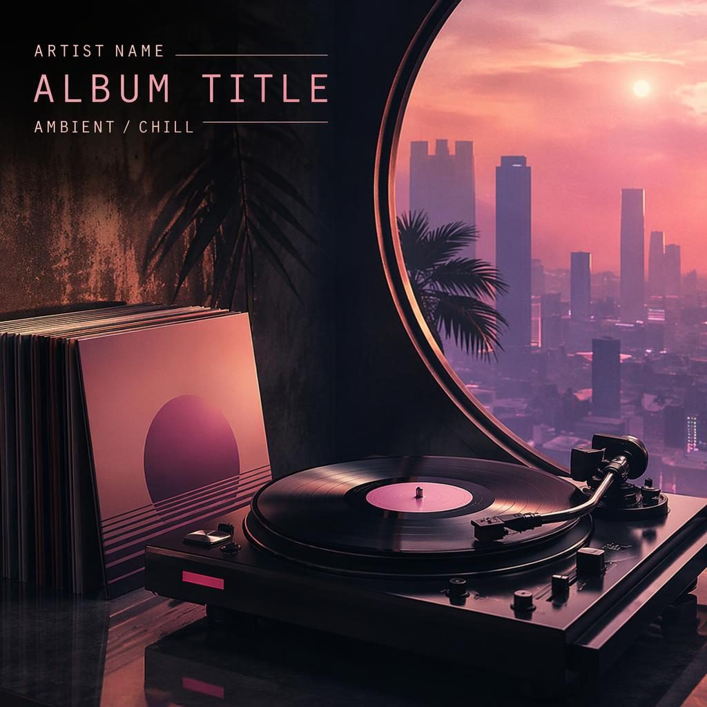 Square moody album cover with retrofuturist darkwave scene, pastel dreamy tones, vinyl records design, and clean title text.