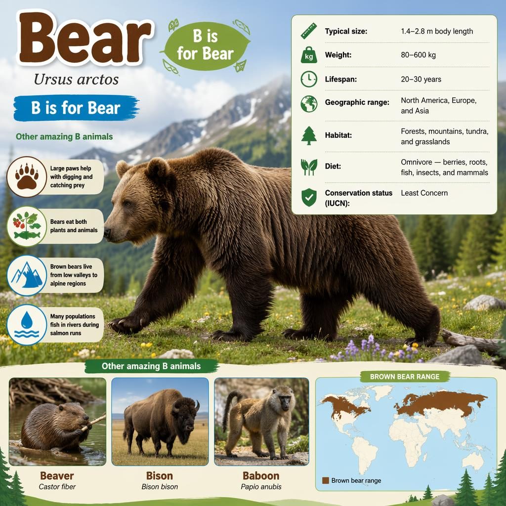 Infografica Bear con orso bruno di profilo in foresta-prato, più castoro, bisonte e babbuino con dati e icone.