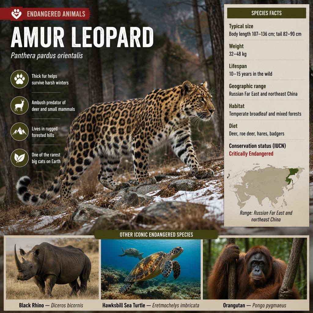 Infografica Amur Leopard con leopardo dell’Amur in foresta temperata e riquadri su rinoceronte nero, tartaruga embricata e orango