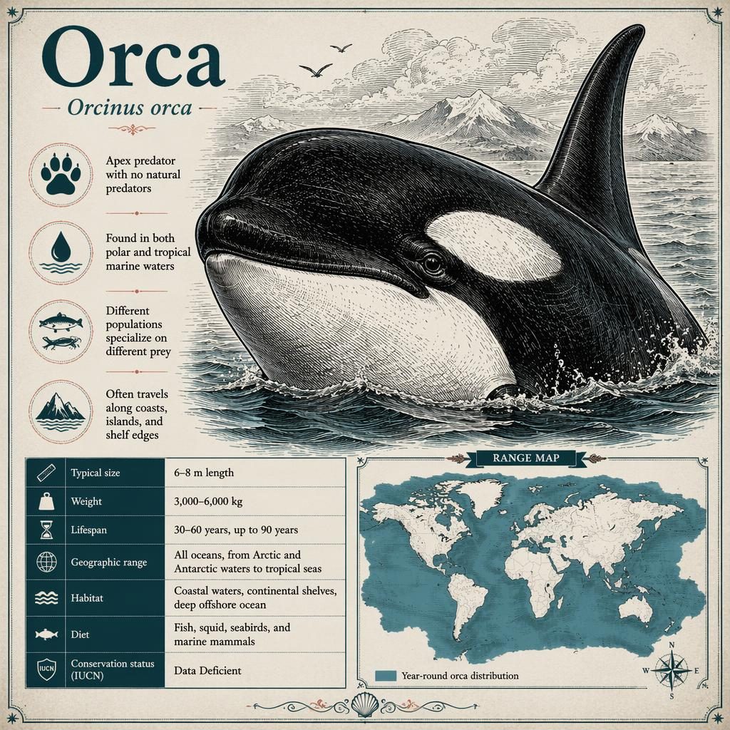 Vintage-style orca factsheet infographic with head portrait, stats, habitat range map, and conservation details.