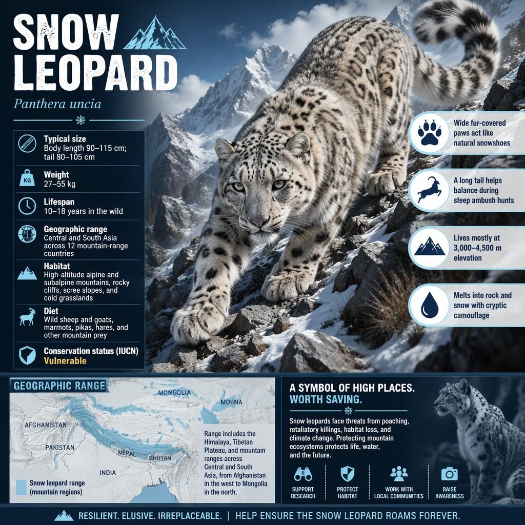Snow leopard factsheet infographic with hunting pose portrait, stat blocks, fact icons, and Asia range map in icy blue.