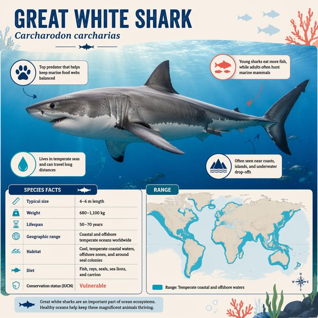 Infographic of a great white shark in side profile with stats, fact callouts, and ocean range map on a cream background.