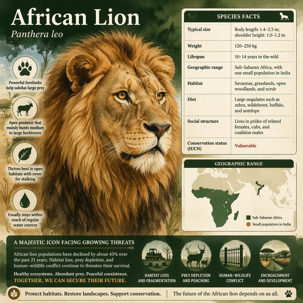 Infografía editorial del león africano con retrato 3/4, bloque de datos, iconos informativos y mapa de distribución