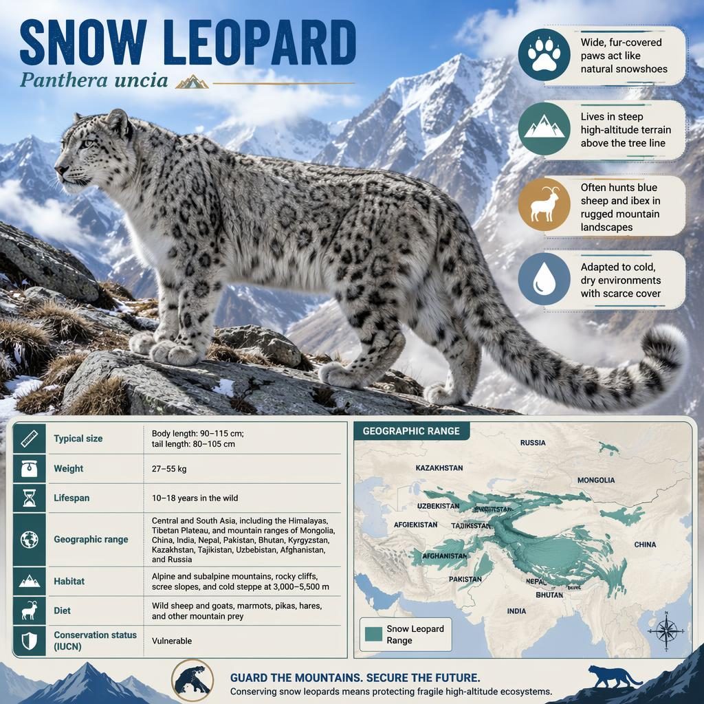 Snow leopard factsheet infographic with full-body side profile, habitat stats, range map, and conservation callouts.