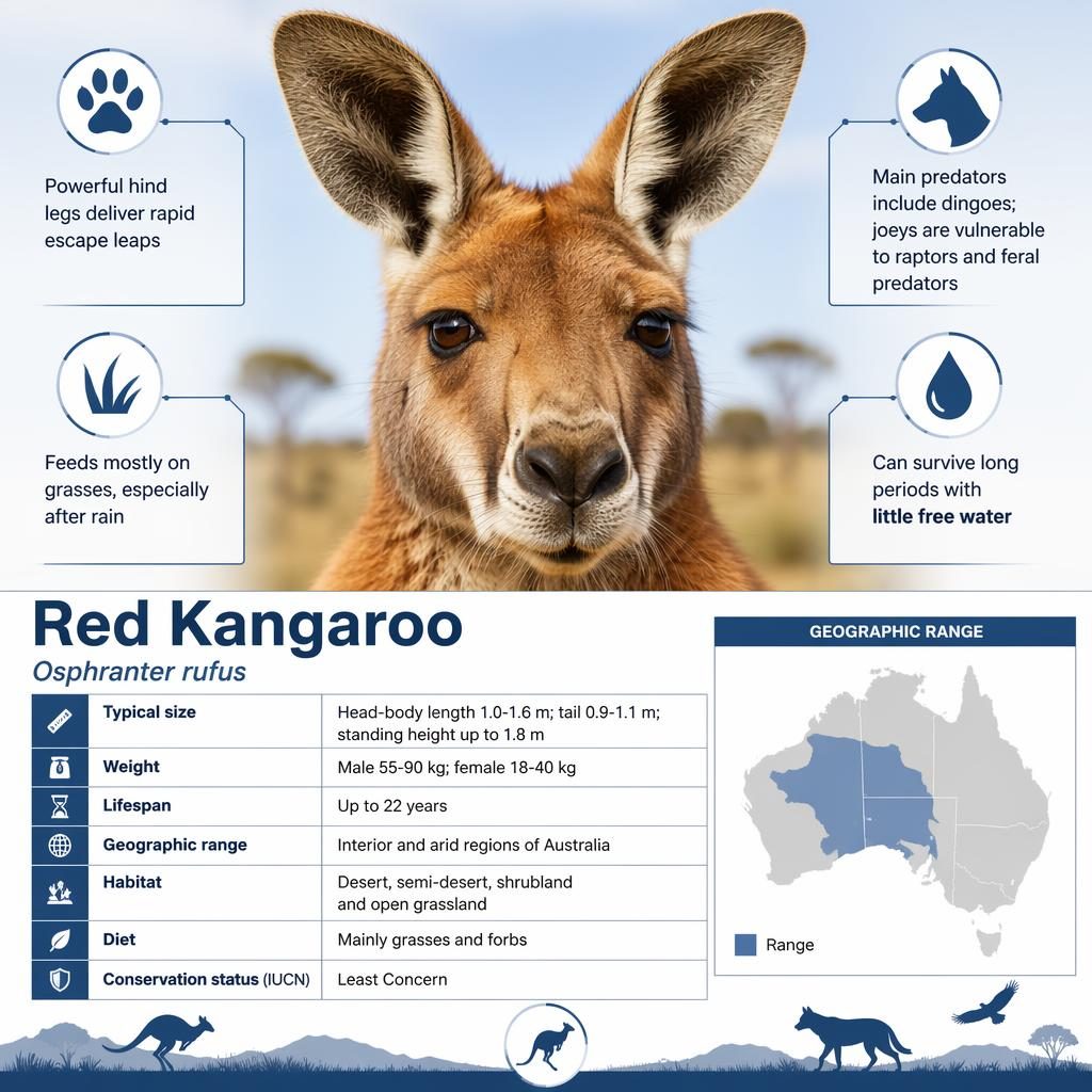Red kangaroo factsheet infographic with close-up portrait, stat block, callout icons, and Australia range map.