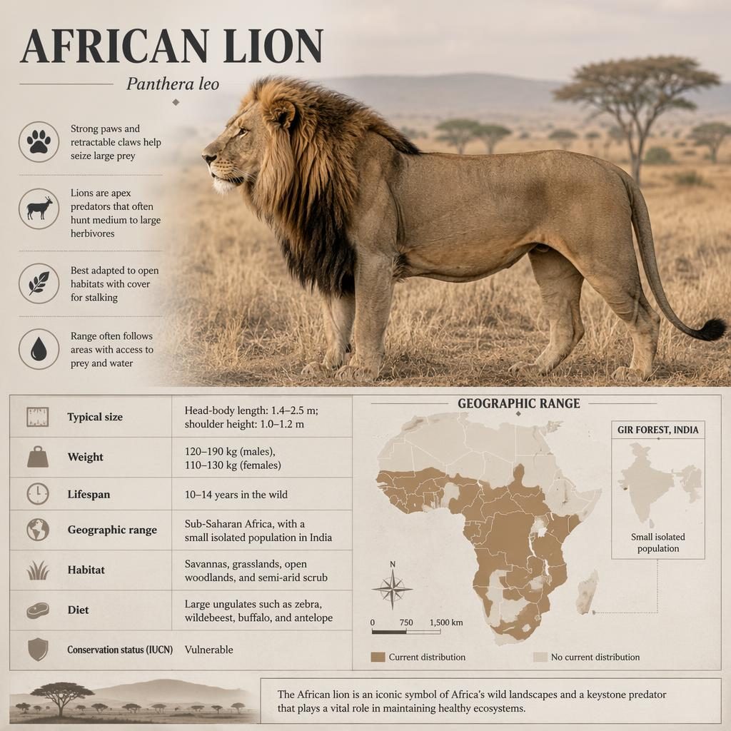 Infographie animaux du lion d’Afrique avec portrait latéral réaliste, carte de répartition et bloc de statistiques éditorial.