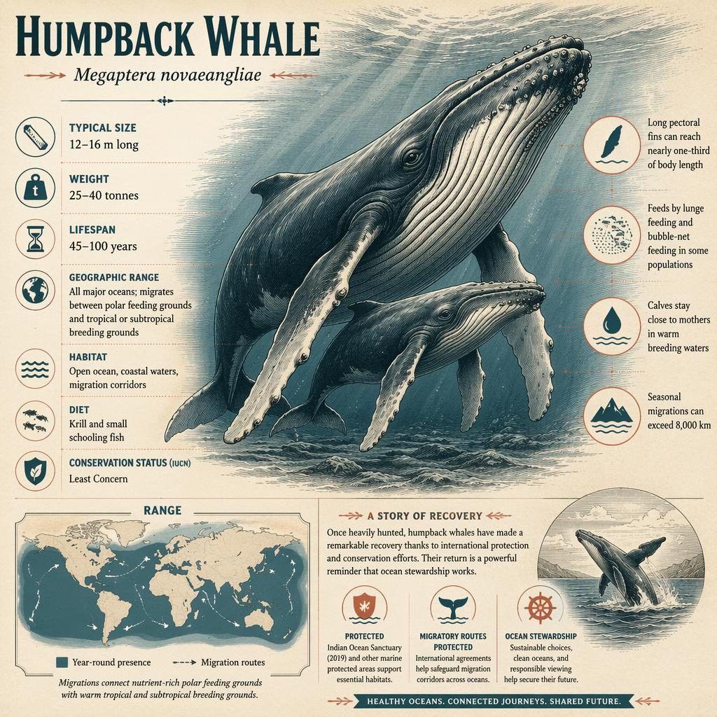 Vintage-style infographic of a humpback whale family with calf, species facts, callouts, and global range map.