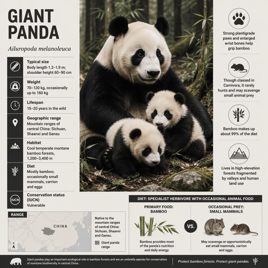 Wildlife infographic showing a giant panda family portrait, species facts, diet callouts, and central China range map.