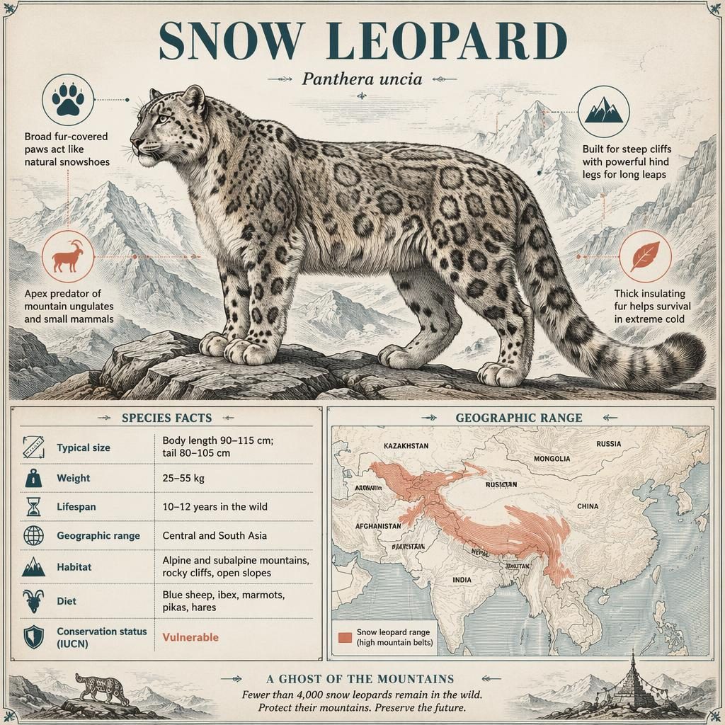 Vintage-style snow leopard factsheet infographic with full-body side profile, habitat stats, fact icons, and Asia range map