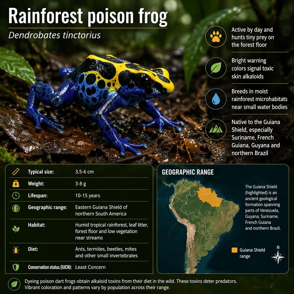Infographic of a dyeing poison dart frog hunting on rainforest floor with stats, fact icons, and Guiana Shield range map.