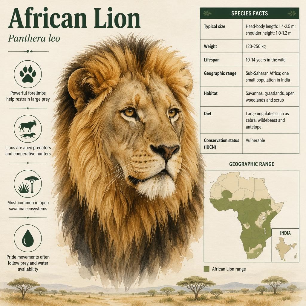 Watercolor infographic of an African lion head portrait with species facts, callout icons, and range map on cream background.