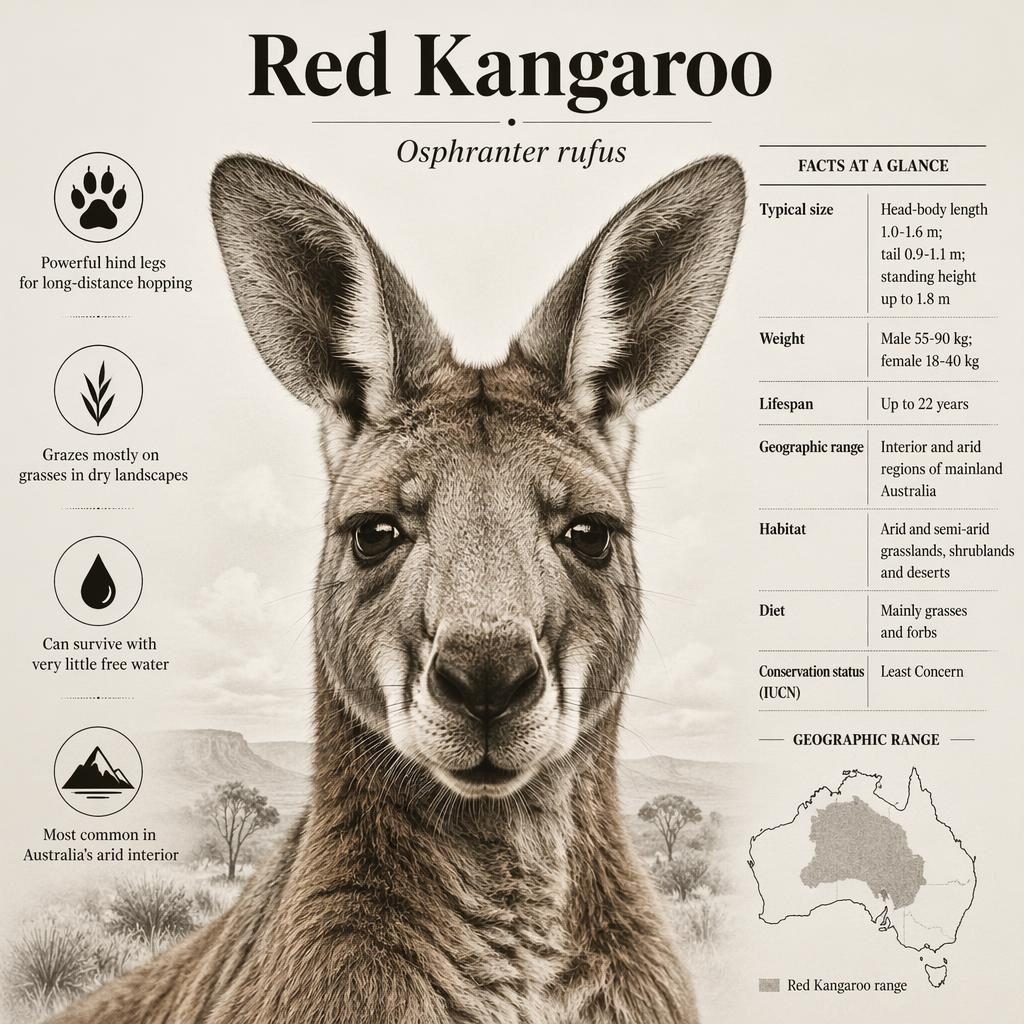 Monochrome red kangaroo factsheet infographic with head portrait, stat block, habitat icons, and Australia range map.