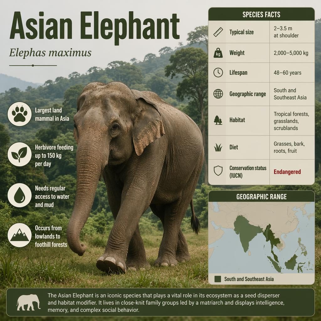 Editorial infographic of an Asian elephant walking in tropical forest grassland with stats, callouts, and range map.