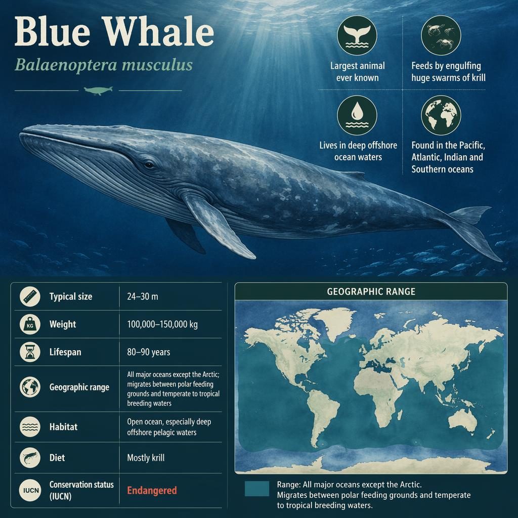 Blue whale species factsheet infographic with full-body side profile, stat blocks, ocean habitat callouts, and range map.