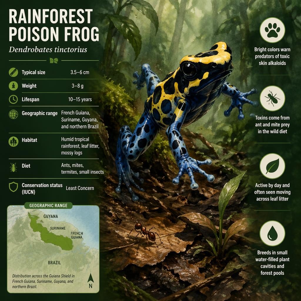 Watercolor infographic of a leaping Rainforest Poison Frog with stats, prey icons, and Guiana Shield range map.