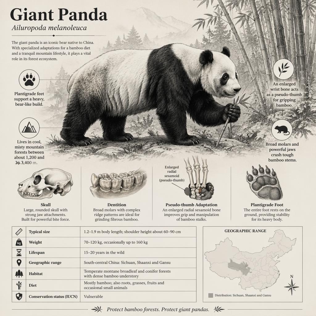 Infografía monocromática de panda gigante de perfil completo en bosque de bambú, con datos, iconos y mapa de distribución.