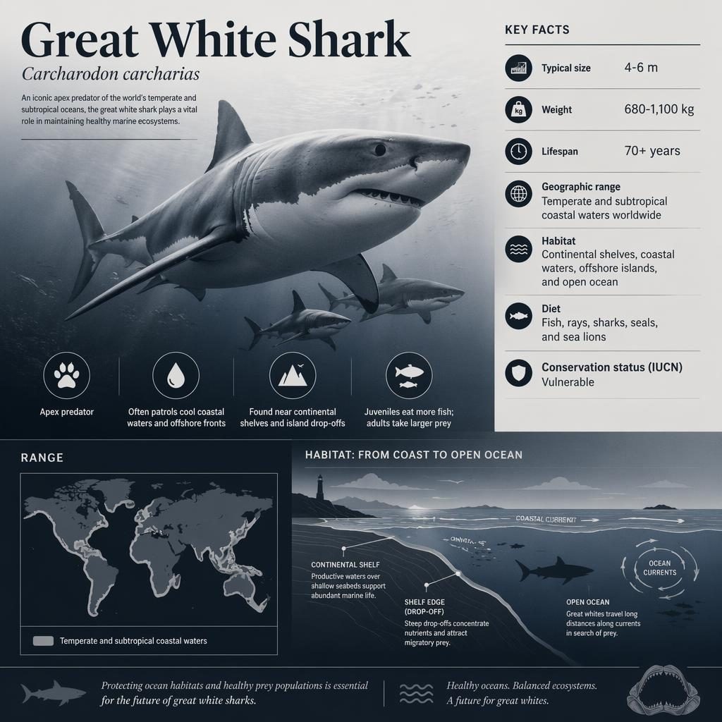 Editorial infographic poster of a great white shark family in open ocean with habitat, range map, stats, and fact icons.