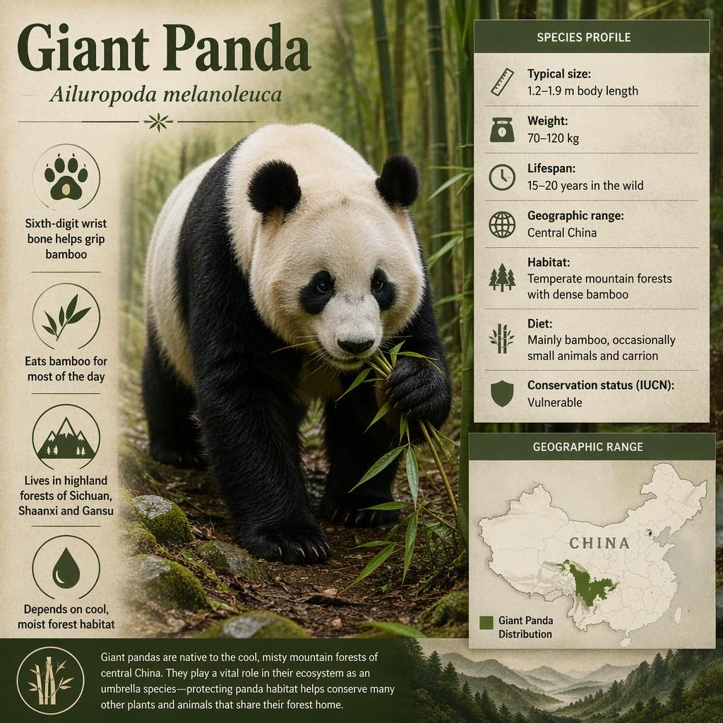 Infografía editorial de panda gigante caminando entre bambú, con datos, mapa de China y llamados informativos.