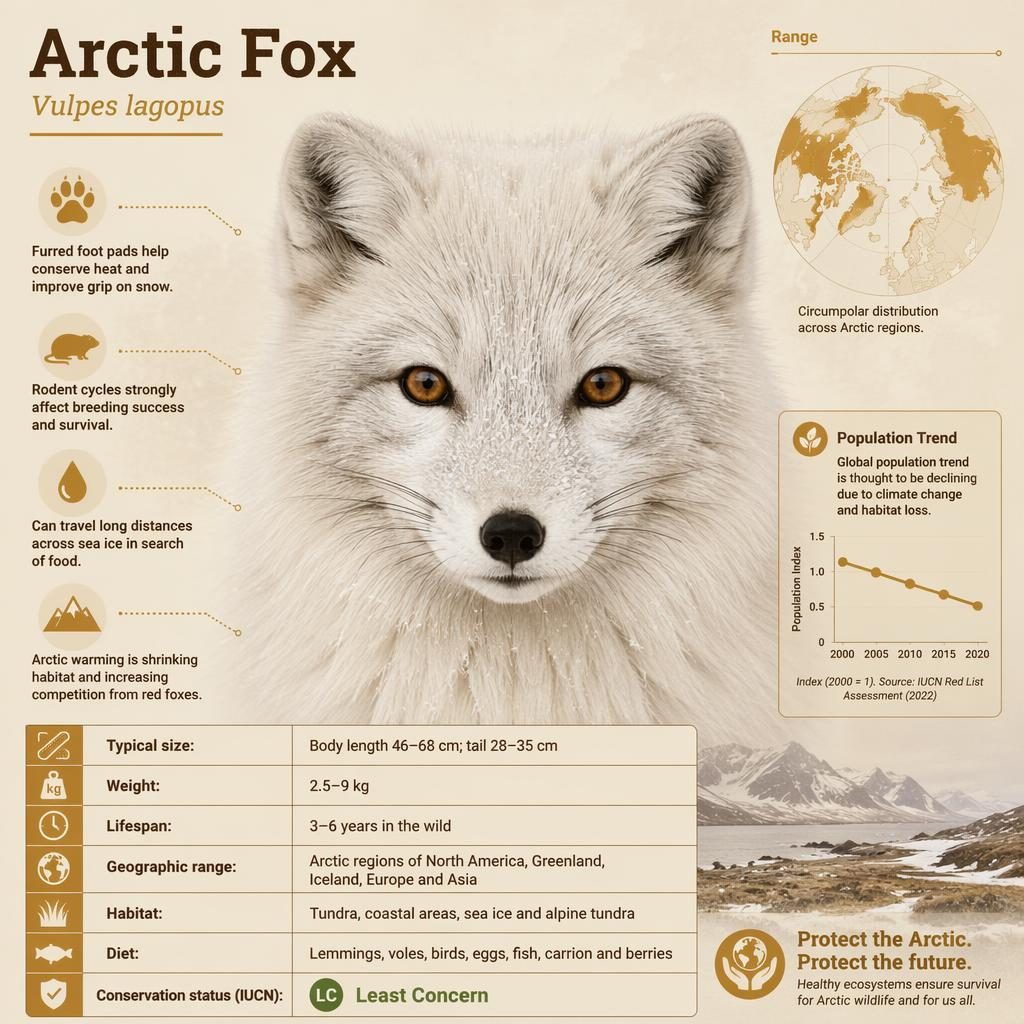 Arctic Fox infographic with close-up portrait, scientific name, stats, fact callouts, range map and trend graphic.